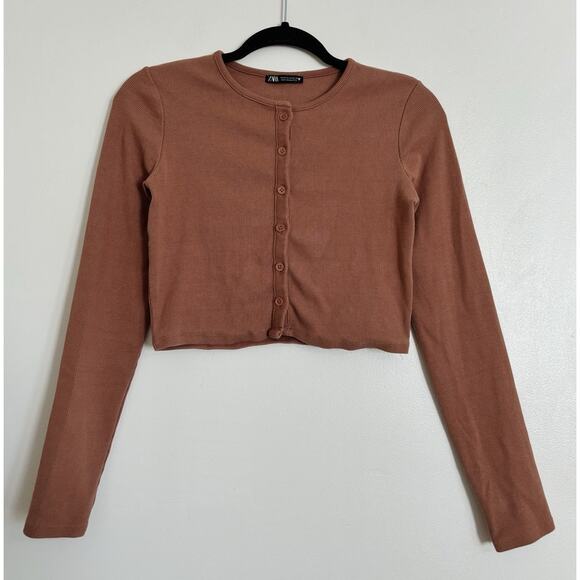 Terracotta ZARA Ribbed Button Front Cropped Sweater M - Picture 1 of 4